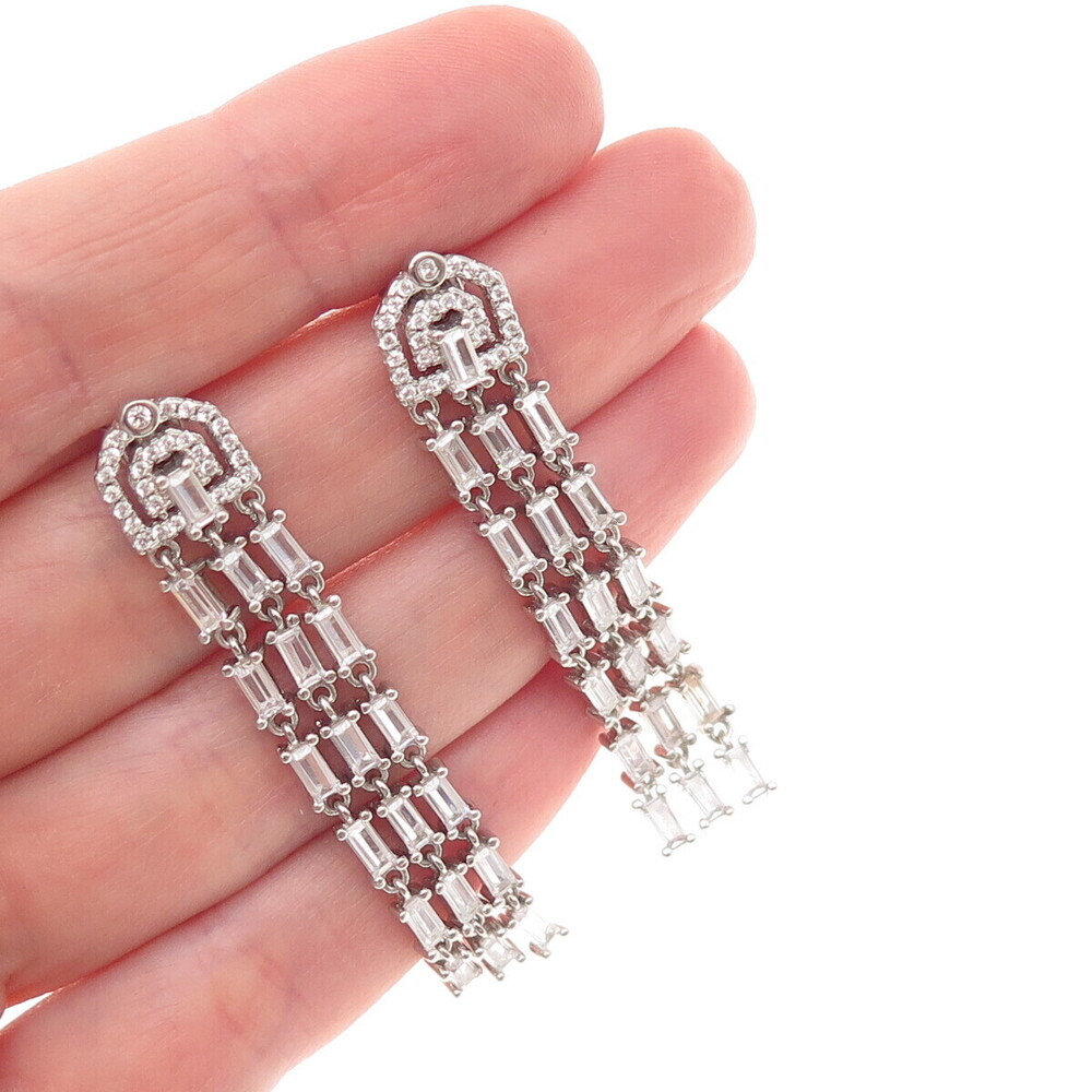 925 Sterling Silver Emerald & Round-Cut C Z Tassel Dangle Earrings